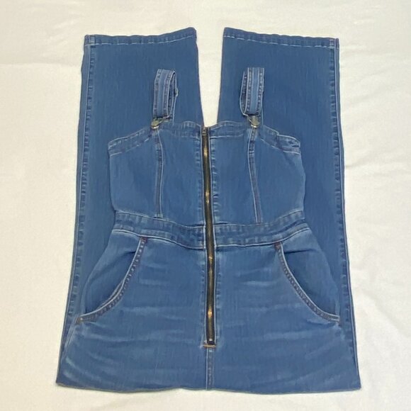 Hollister Strappy Denim Jumpsuit Wide Leg Zip Front Fitted S Faded Jean Overalls - Picture 8 of 12
